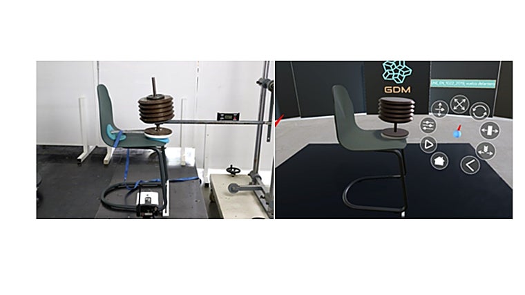 A la izquierda, ensayo del producto físico. A la derecha, ensayo virtual del gemelo digital del producto