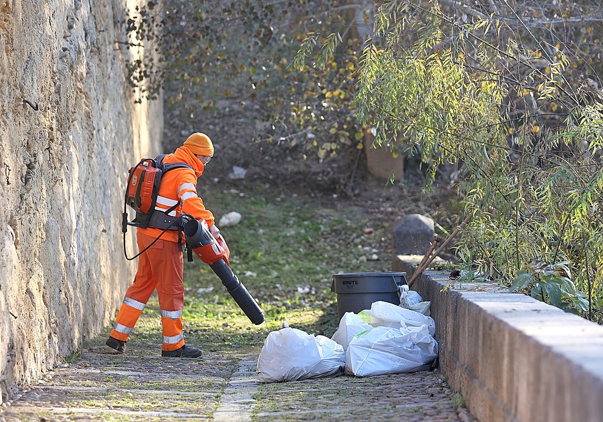 Un operario de Sadeco limpia uno de los accesos al río Guadalquivir