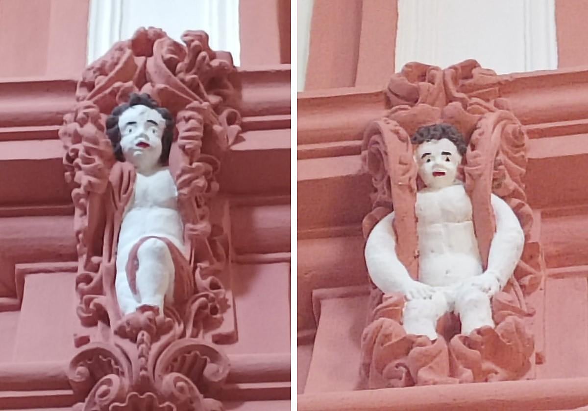 Detalle de los angelotes repintados de la ermita del Mirón
