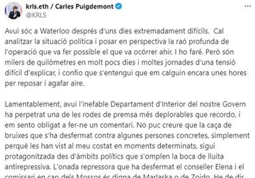 El texto íntegro del mensaje de Carles Puigdemont tras su aparición en Barcelona y su posterior fuga