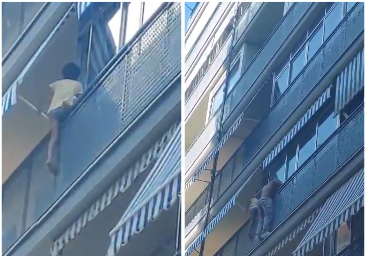 Imagen del rescate de un niño en un balcón por parte de un albañil en Alicante