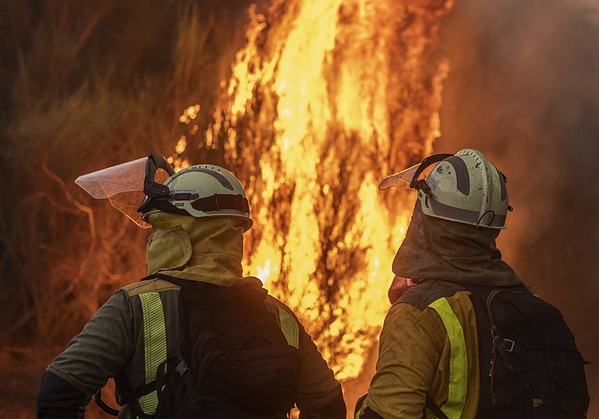 Dos bomberos ante el incendio de San Cristovo de Cea (Orense)