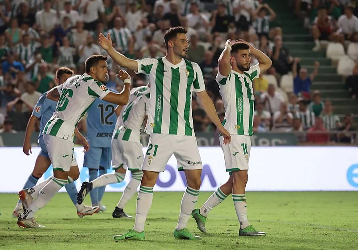 La plantilla del Córdoba durante un partido esta temporada en El Arcángel