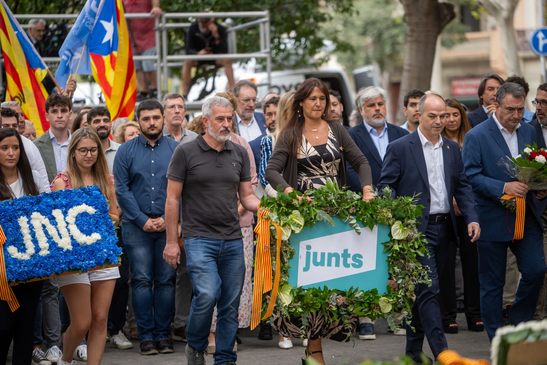 La presidenta de Junts, Laura Borràs  y el secretario general de Junts, Jordi Turull, llegan a las celebraciones con motivo de la Diada