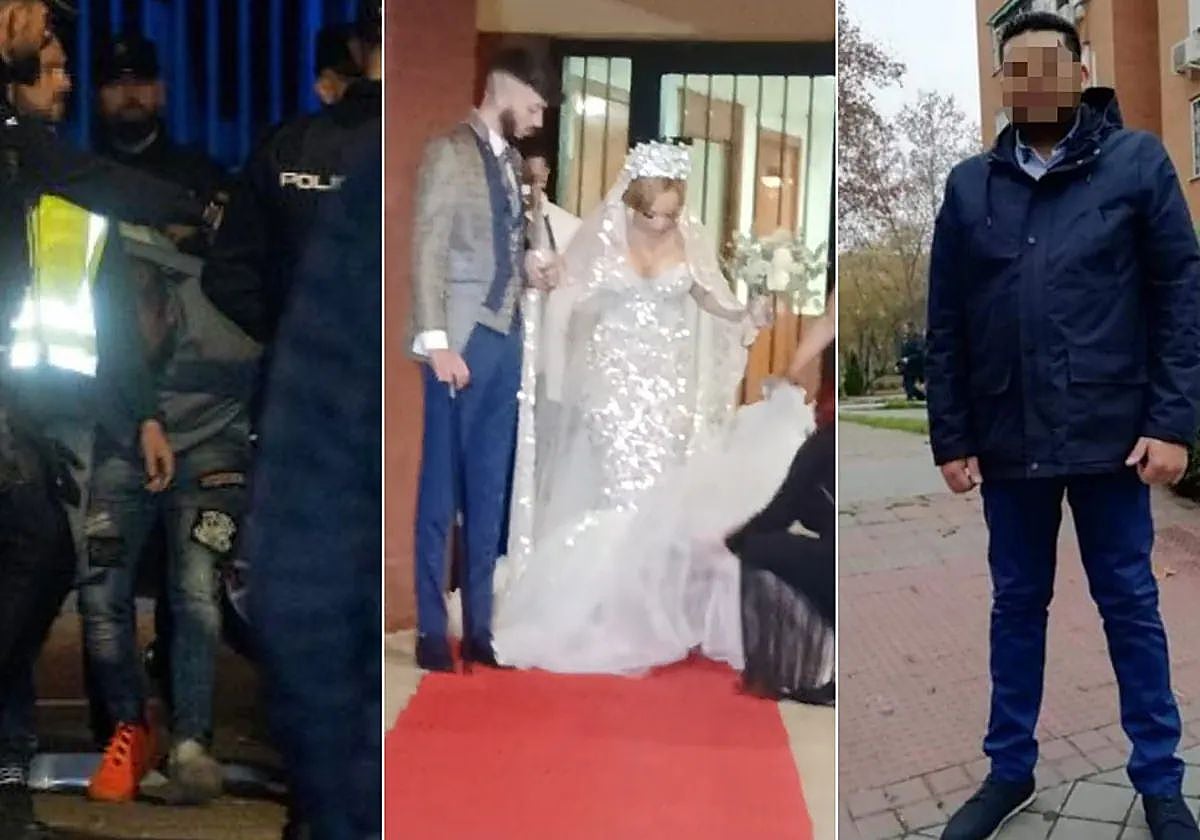A la izda., el detenido en su traslado ante el juez; en el centro, los novios antes del banquete; a la dcha., Casiano, una de las víctimas