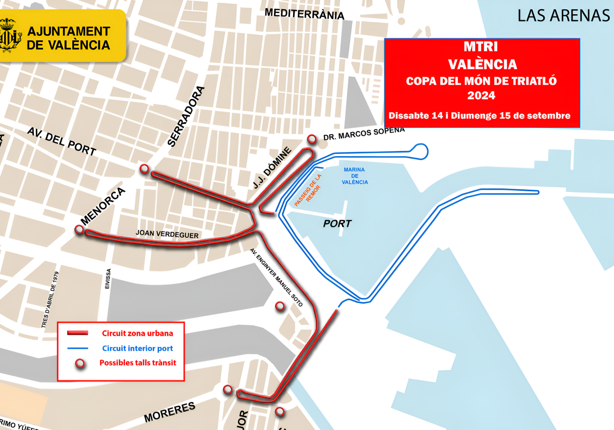 Plano de los cortes de tráfico en Valencia por la Copa del Mundo de Triatlón