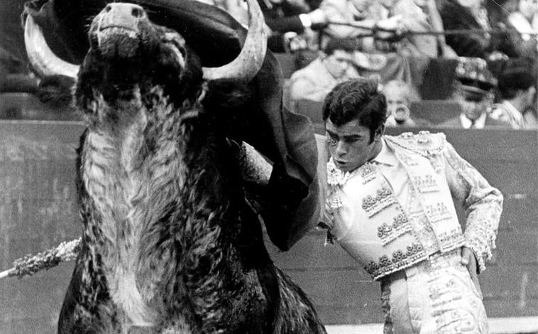 Imagen principal - Paquirri durante una faena y con el traje de luces; Sobre estas líneas, momento justo en el que fue empitonado en la plaza de toros de Pozoblanco.I