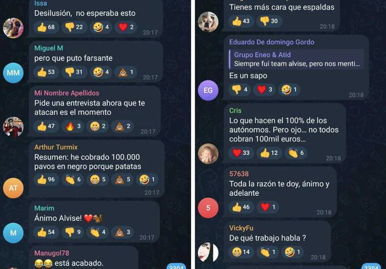 Algunos de los mensajes del grupo de Telegram de Alvise