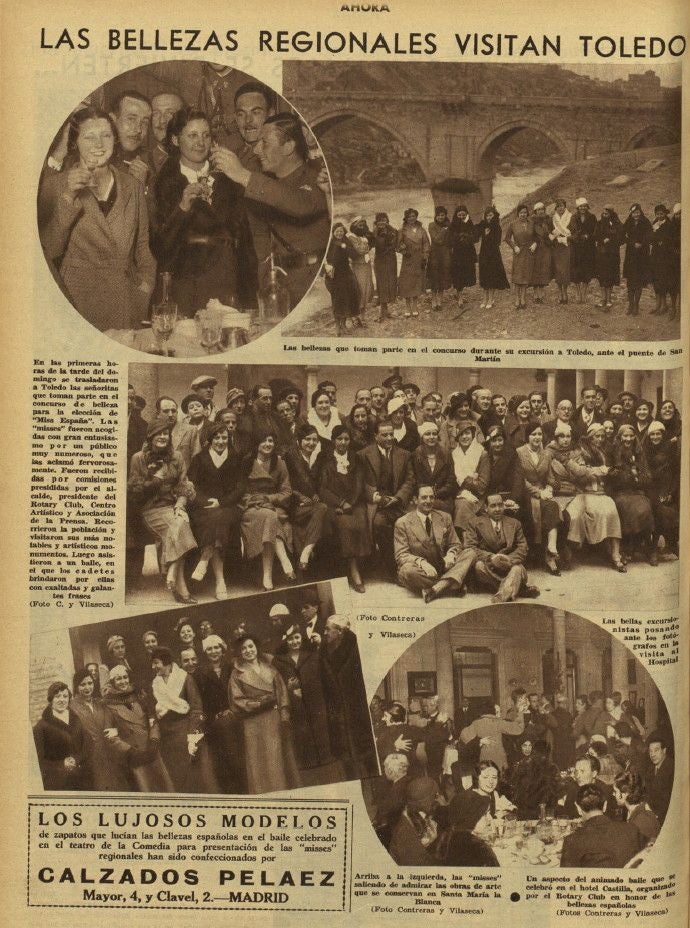 Reportaje en el diario madrileño 'Aquí' (21 de febrero de1933). Visita a Toledo de las participantes en la elección de 'Miss España'. En las dos imágenes circulares momentos de la invitación de los rotarios toledanos con un baile en el Hotel Castilla. En la foto central, en el patio de Tavera, fueron recibidos por el alcalde Perezagua y miembros de la Asociación de la Prensa de Toledo