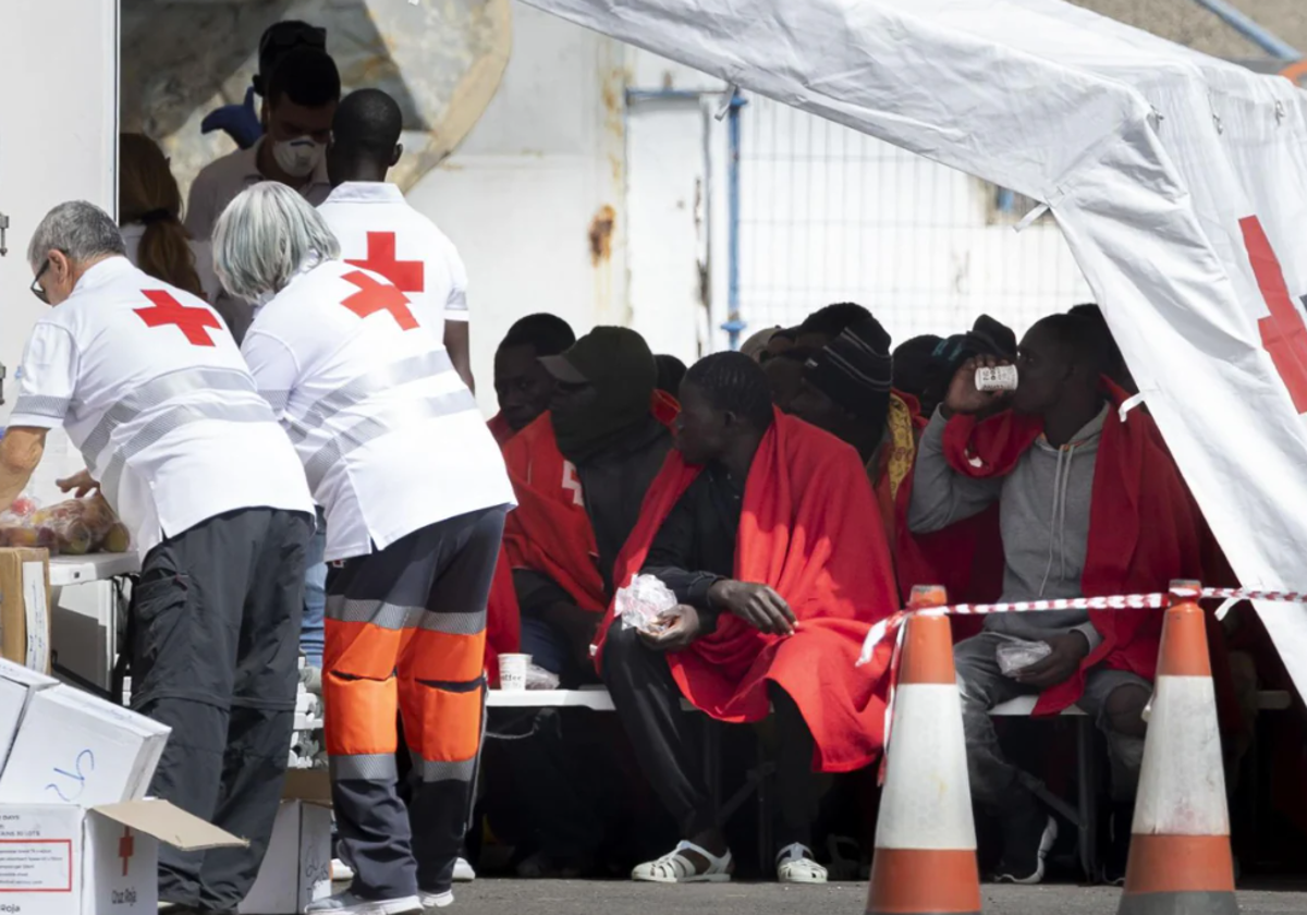 La Cruz Roja atiende a los inmigrantes llegados al puerto de Arguineguín, Gran Canaria