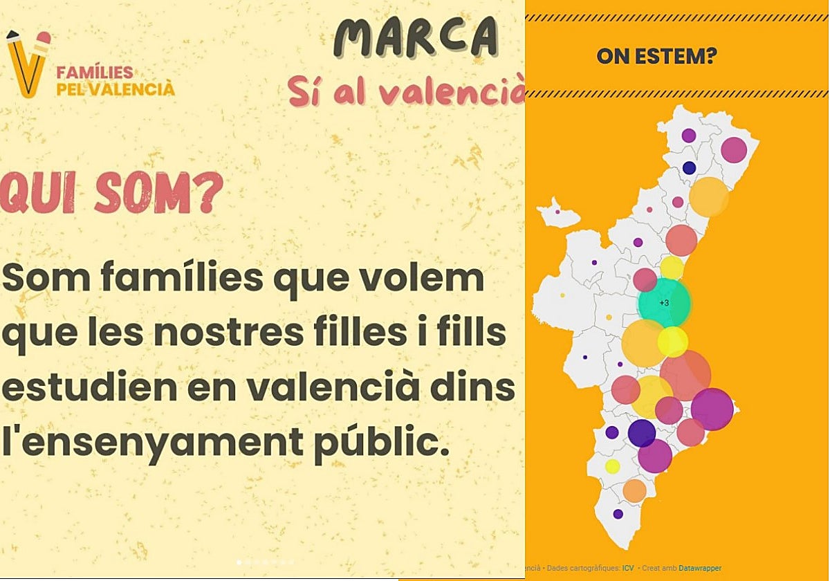 Imagen de presentación de la plataforma 'Famílies pel valencià' y un mapa de su implantación, difundidas en su web
