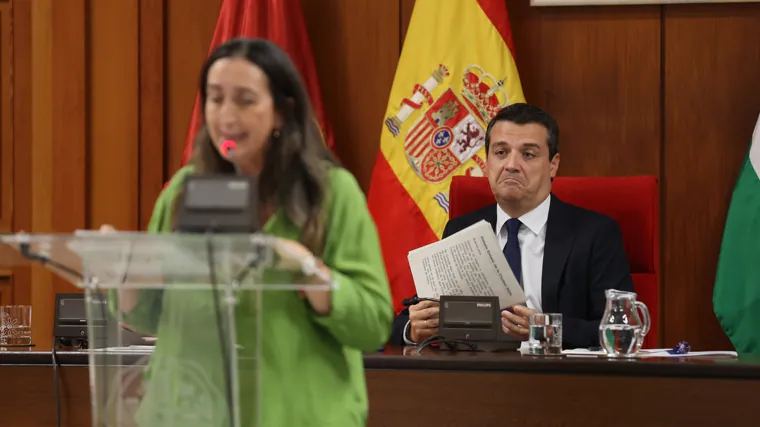 Bellido gesticula ante la intervención de la portavoz de Vox, Paula Badanelli