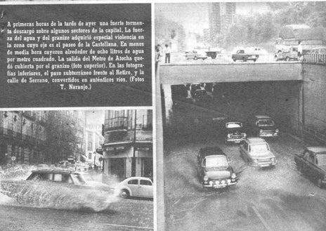 Imagen secundaria 1 - Arriba, visitantes en la Feria del Libro esquivan los charcos. Abajo, izq, portada de ABC sobre la tormenta. Dcha, la lluvia y el granizo caen sobre la calle Serrano