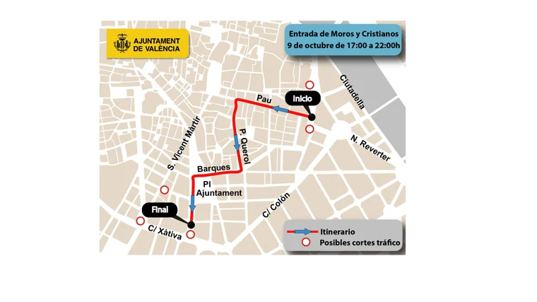 Calles cortadas al tráfico en Valencia el martes 8 y el miércoles 9 de octubre por el castillo, los Moros y Cristianos, la Procesión Cívica y las manifestaciones