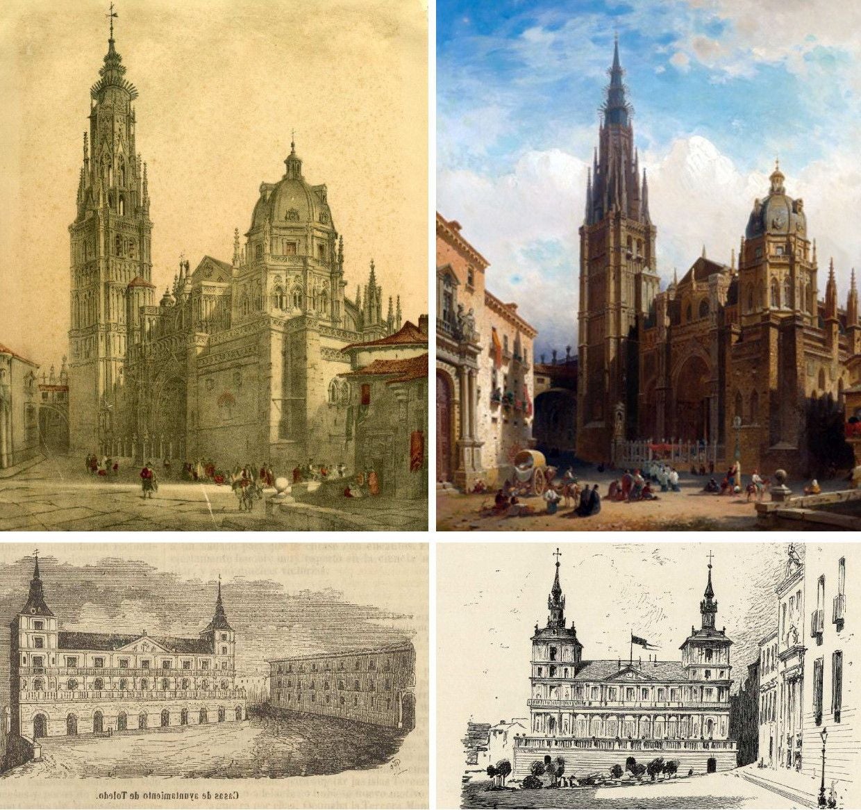 La plaza del Ayuntamiento vista por dibujantes y pintores. De arriba abajo y de izquierda a derecha. Grabado de Genaro Pérez Villaamail (1842), acuarela del pintor bávaro Friedrich Eibner (ca. 1861), xilografía de Cecilio Pizarro (1852) y grabado de Theodor Knesing (1881). Archivo Municipal de Toledo
