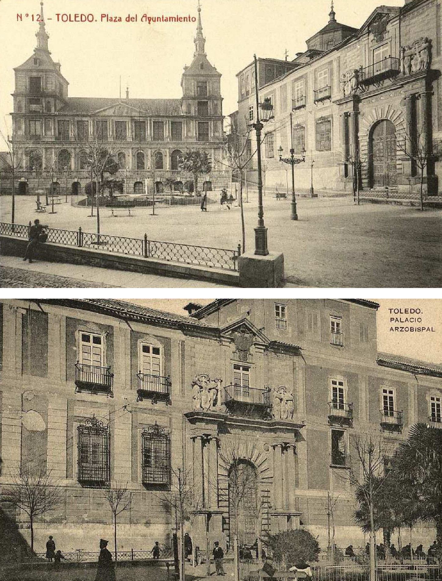 Panorámica con los palacios consistorial y arzobispal. Arriba, en la postal de Fototipia Thomas (ca. 1912) se distinguen las palmeras situadas en torno al estanque que permanecieron hasta la década de 1920. Abajo, ambiente vecinal durante una tarde, quizá invernal, delante del Palacio Arzobispal. Postal de L. Roisin, editada hacia 1930. Archivo Municipal de Toledo