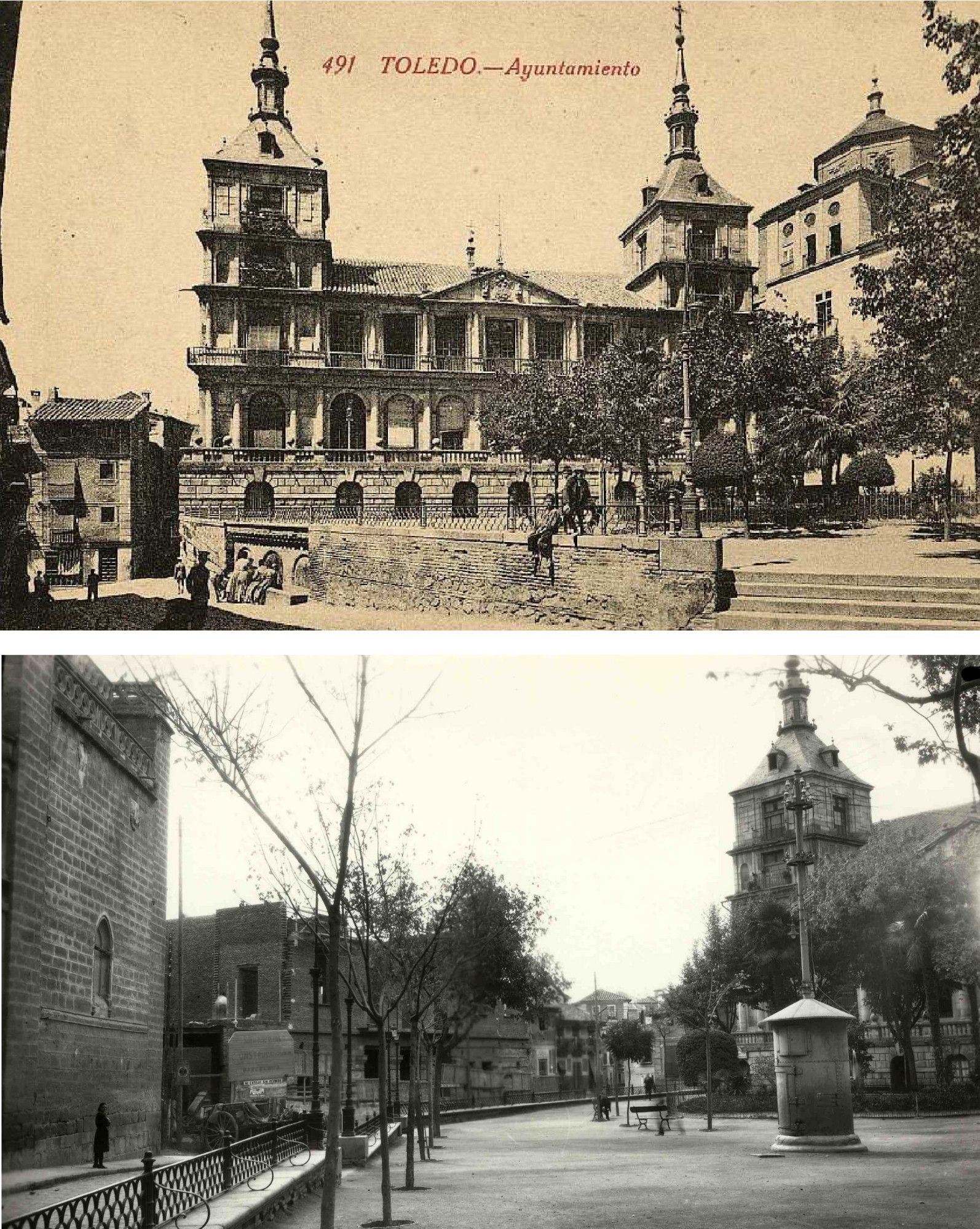 El Ayuntamiento y la bajada hacia la calle de la Ciudad con la primera fuente vecinal que se inauguró en 1863. Postal editada por la Fototipia Castañeira, Álvarez y Levenfeld (ca, 1920). Debajo fotografía fechada hacia 1930 con las obras del edificio de la Audiencia que sería inaugurado en 1946 y, al poco, reformado de nuevo en 1962. Archivo Municipal de Toledo