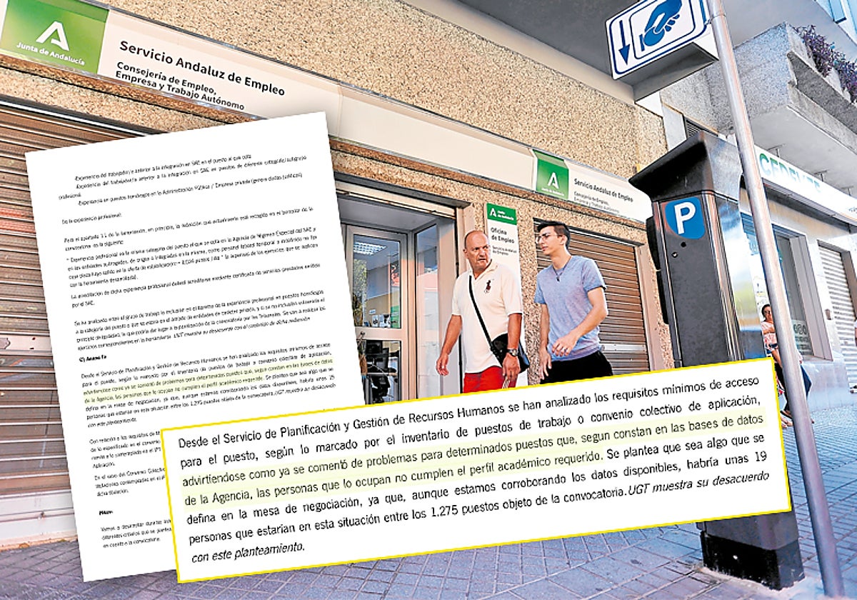 Oficina del Servicio Andaluz de Empleo en Córdoba. En su interior, acta de una reunión donde se refiere la falta de titulación de algunos empleados de la Faffe