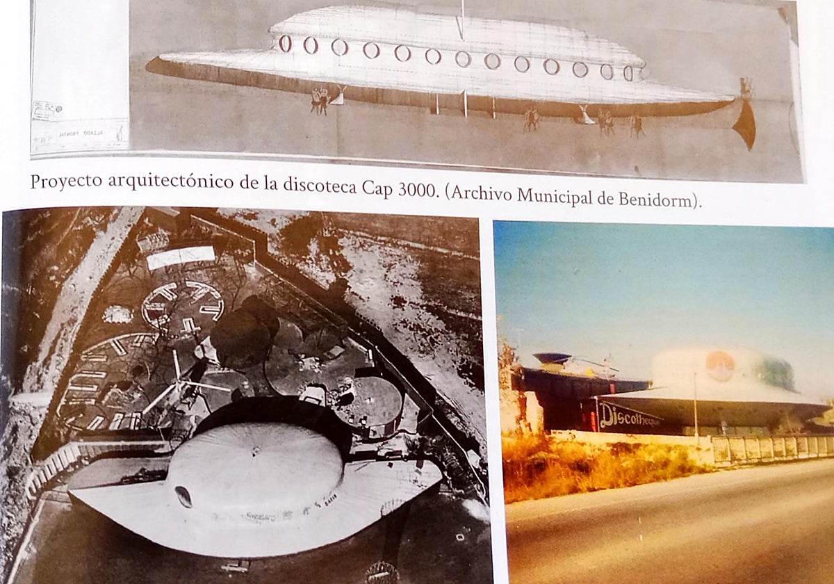 La discoteca Cap 3000, vista área y terreste, y arriba el proyecto arquitectónico