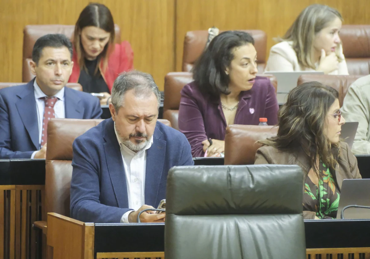 Juan Espadas consulta el móvil durante el último pleno del Parlamento andaluz