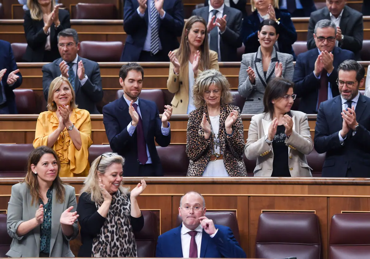 El portavoz del PP en el Congreso, Miguel Tellado, ovacionado por su bancada tras defender el voto en contra de la reforma de la Ley de Protección de la Seguridad Ciudadana