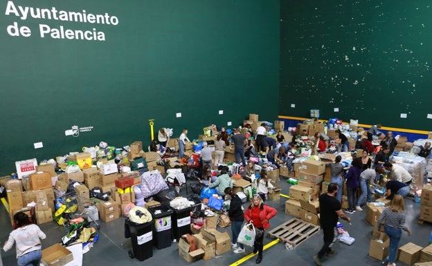 Mas de un centenar de voluntarios clasifican y paletizan ,en el pabellón de la Ensenada , las donaciones de los palentinos para su envio a Valencia