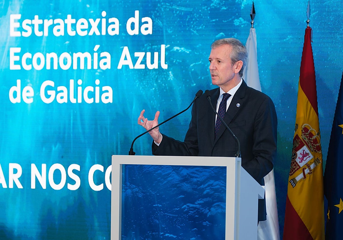 El presidente de la Xunta, Alfonso Rueda, durante la presentación de la Estrategia de la Economía Azul de Galicia