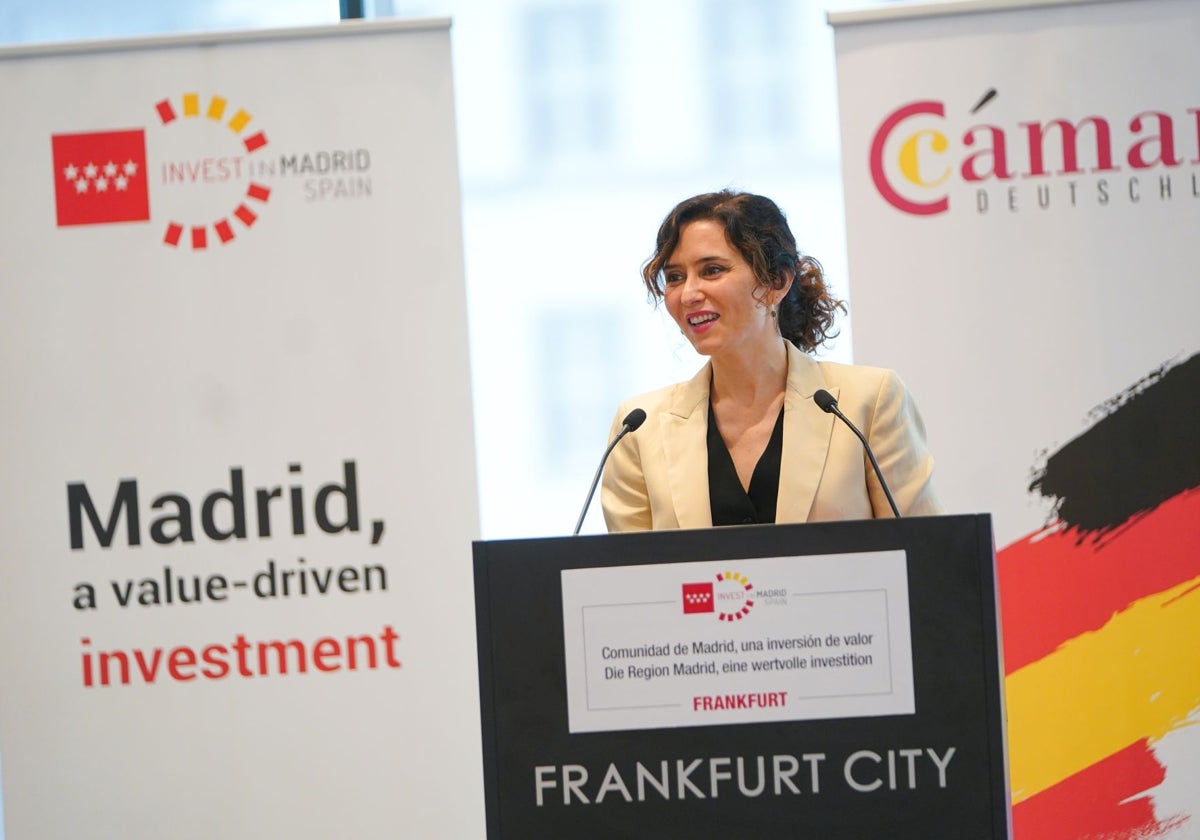 Díaz Ayuso, durante un encuentro con potenciales inversores en Frankfurt