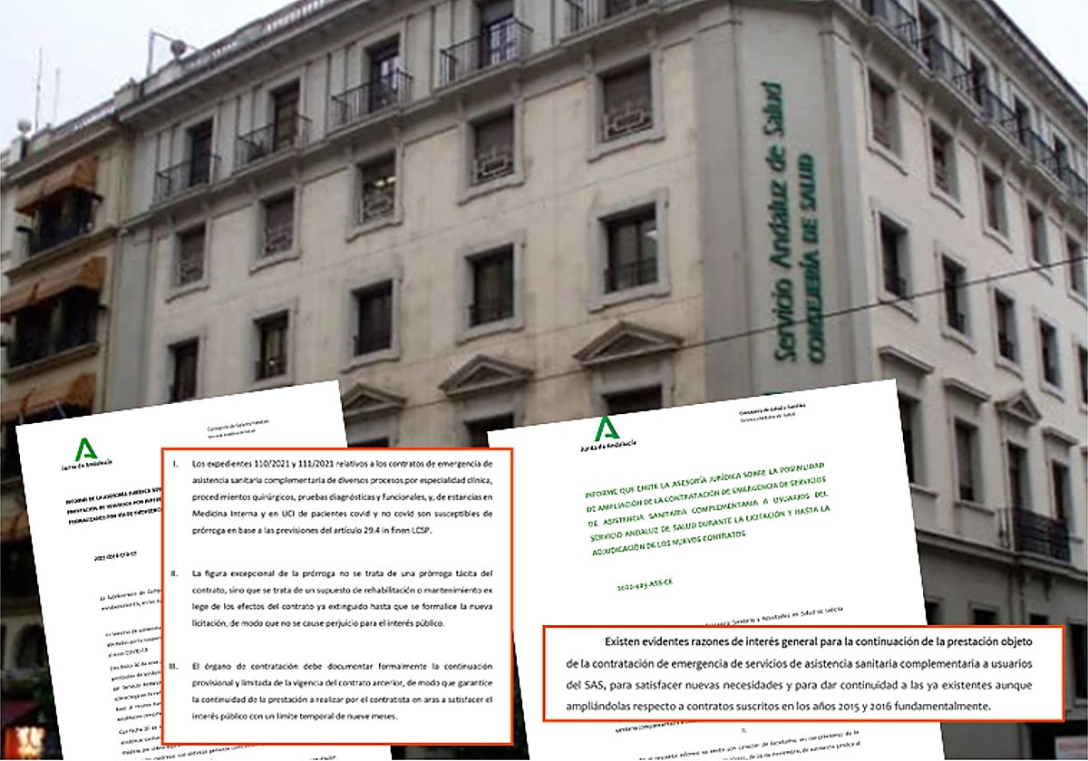 Los dos informes jurídicos sobreimpresionados con sus extractos más destacados sobre la imagen de los servicio centrales del SAS