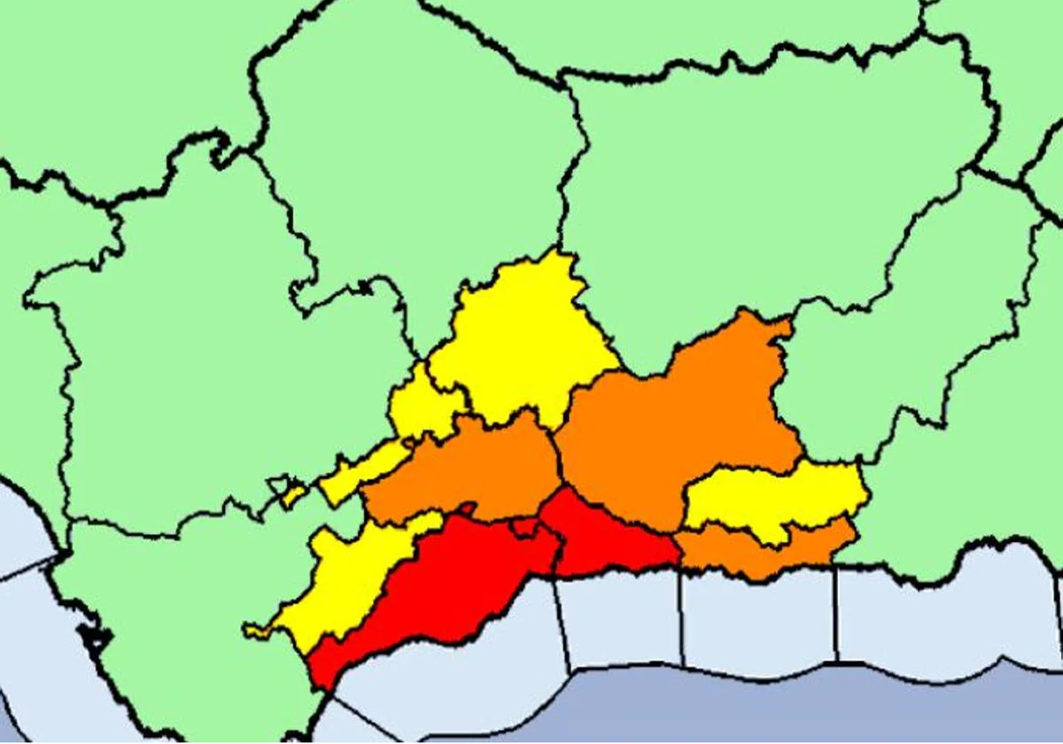 Mapa de la Aemet que muestra las zonas de Granada en alerta