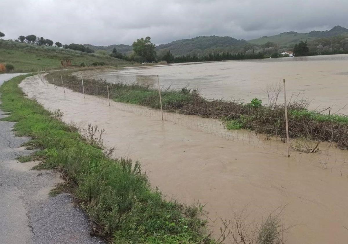 El desbordado río Guadiario a su paso por Jimena de la Frontera