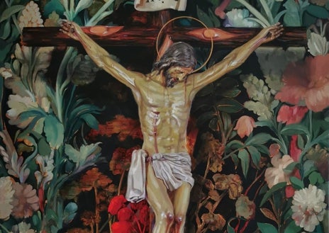 Imagen secundaria 1 - En la imagen superior, fragmento del cartel de la Romería del Rocío. En la fotografía inferior de la izquierda, fragmento del cuadro 'Sangre' en el que aparece Cristo rodeado de vegetación en tonos verdes y rojos. A la derecha, Jesús García Osorno, durante la presentación de pregoneros, exaltadores y cartelistas de 2025, el pasado 9 de noviembre en Córdoba