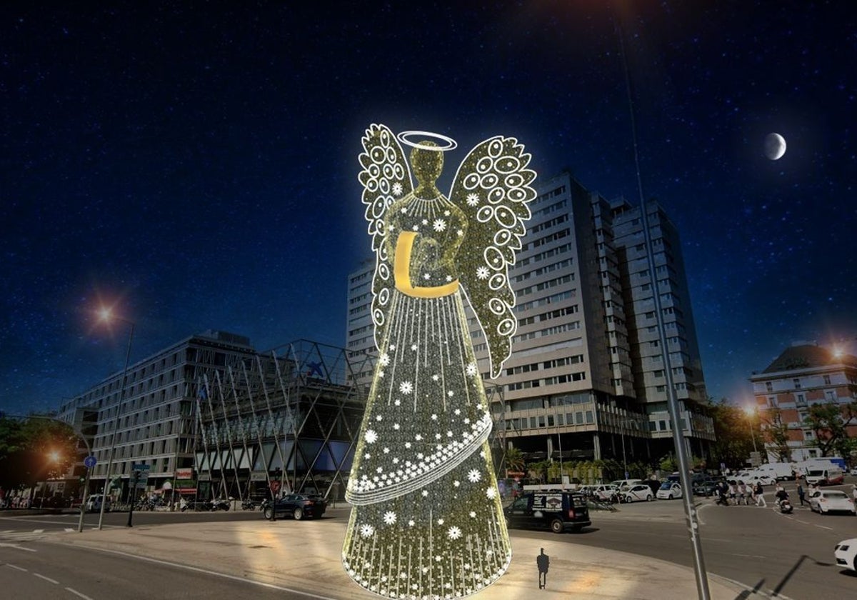 Simulación de como se verá el Ángel de Madrid en la plaza de Colón