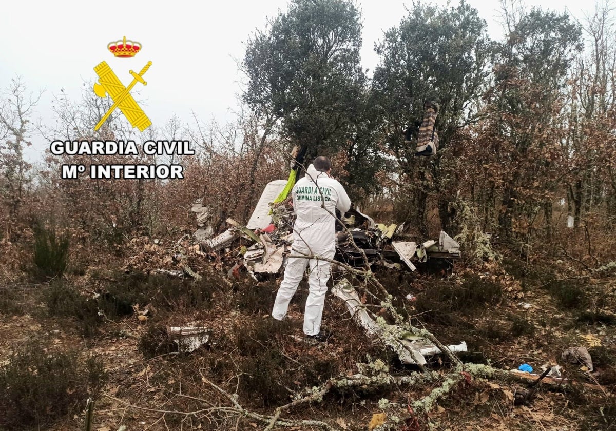 Agentes del Servicio de Investigación de Accidentes Aéreos de la Guardia Civil, junto al aparato siniestrado