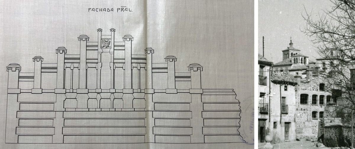 Panificadora de Jerónimo Sierra situada junto al Taller del Moro. González Saz la proyectó en 1918. Combinó la función industrial con algunos retoques neomudéjares que finalmente fueron rebajados. A la izquierda, el alzado del muro exterior previsto en los planos. A la derecha, aspecto real que ofrecía a la calle. En 1964 el edificio ya estaba derribado. Plano y fotografía del Archivo Municipal de Toledo