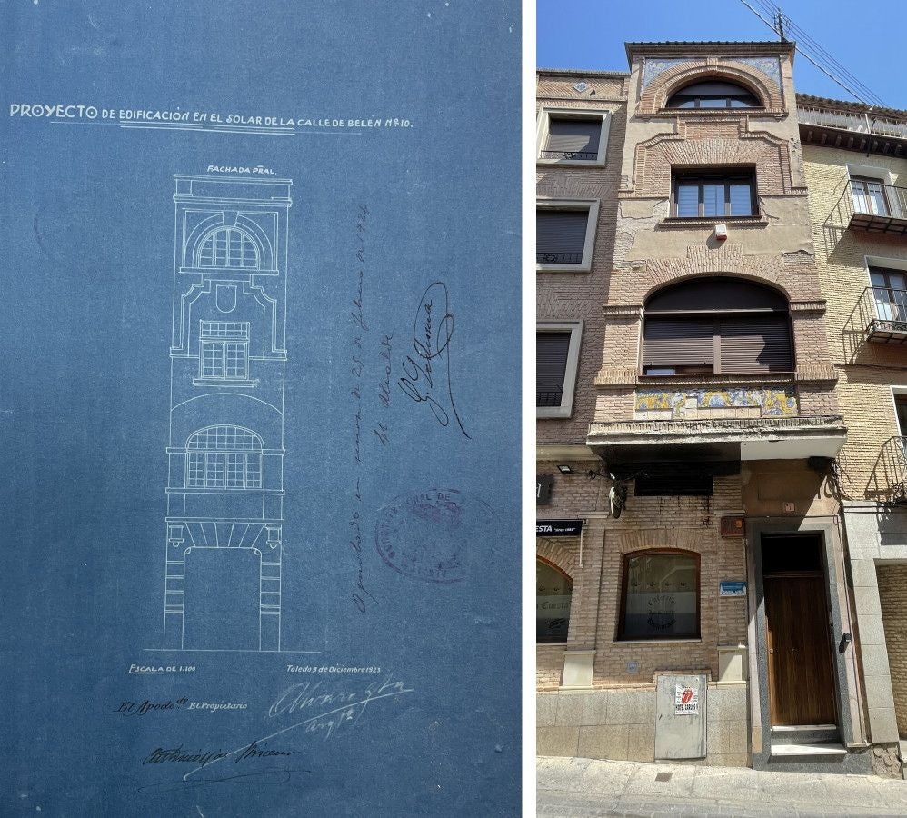 En la cuesta de Belén, 10, en un reducido solar, propiedad del marqués de la Torrecilla, González Saz diseñó una tienda y una vivienda en tres plantas (Archivo Municipal de Toledo,1923). En el exterior se aplicaron azulejos de Angel Pedraza Moriz, hoy con varias piezas perdidas. (Foto RAFAEL DEL CERRO)