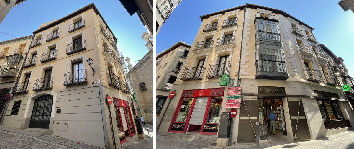Inmueble propiedad del abogado José Esteban-Infantes con acceso por la calle de la Granada y vuelta a Hombre de Palo. En 1932, el arquitecto tuvo que ajustarse a la alineación y los niveles de ambas calles para conseguir tres plantas homogéneas de viviendas (Fotos RAFAEL DEL CERRO)