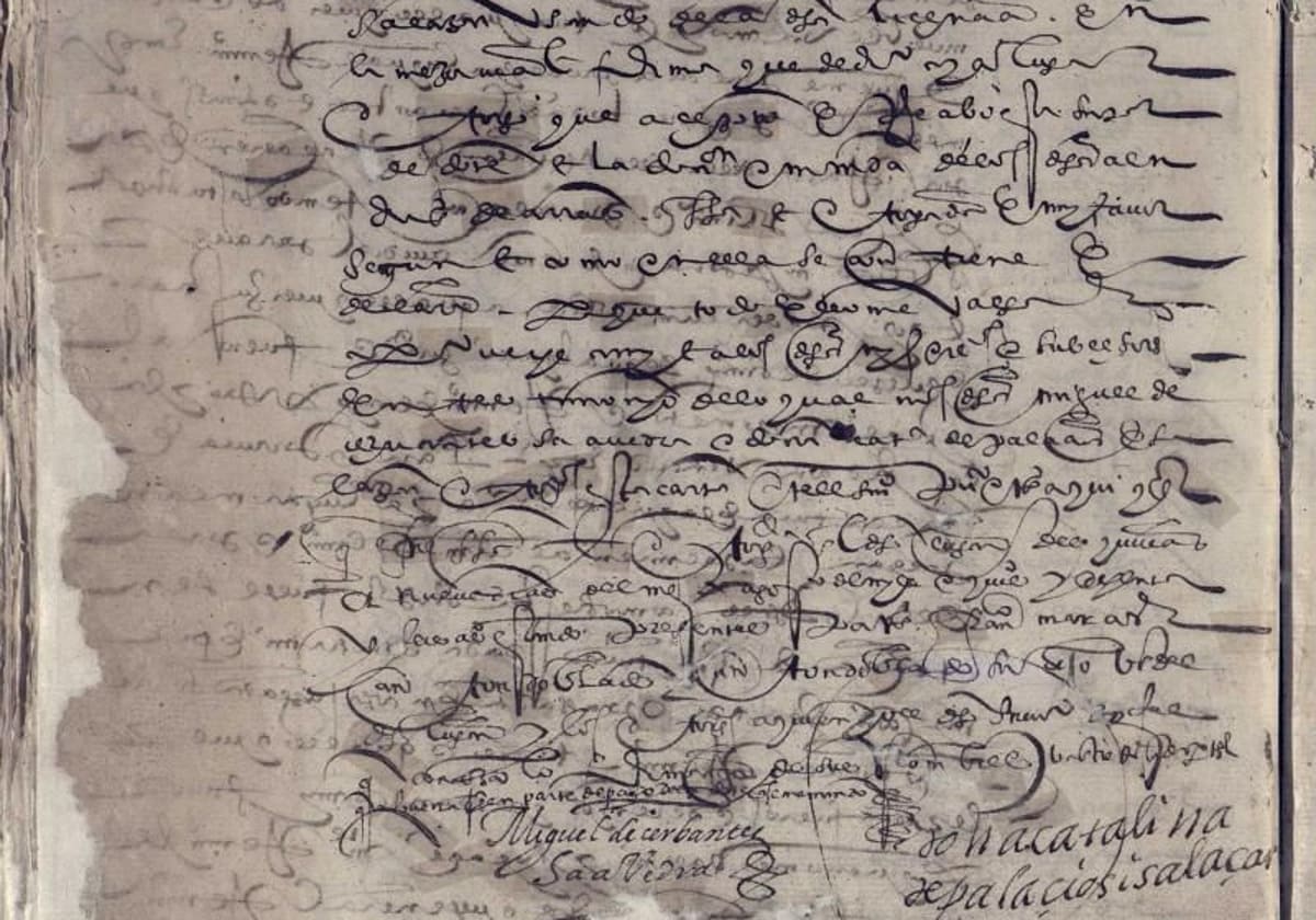 Carta de dote otorgada por Miguel de Cervantes a su esposa Catalina de Palacios Salazar conservada en el Archivo Histórico Provincial de Toledo