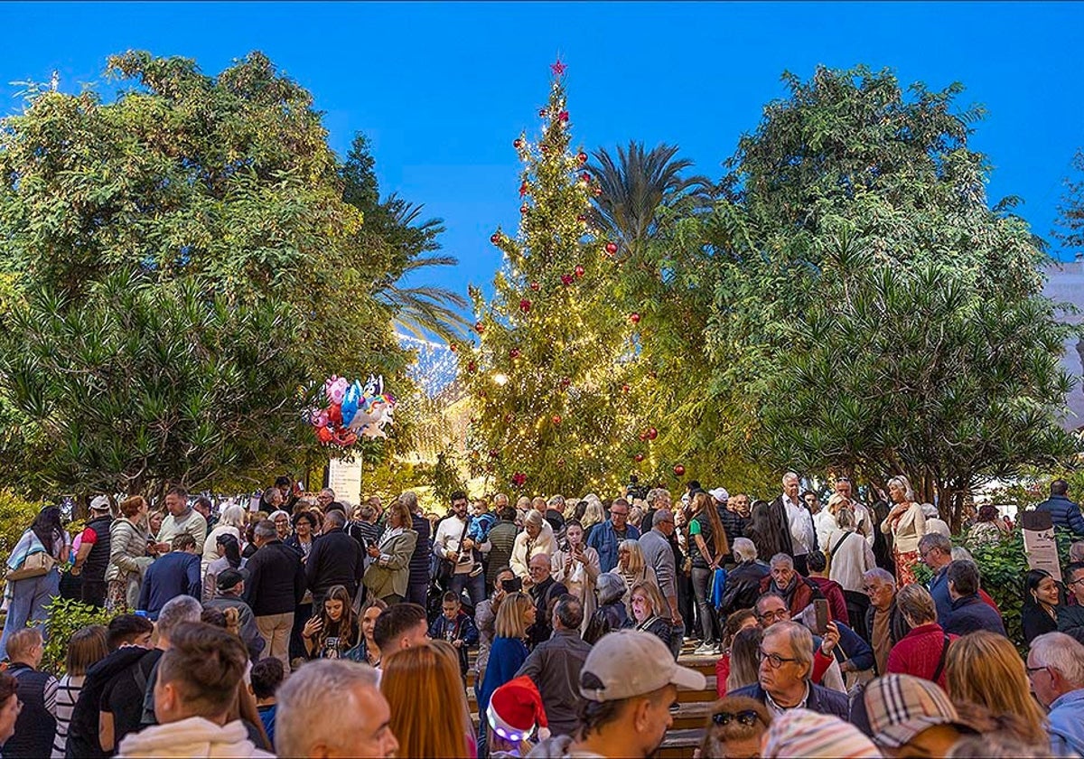 Público asistente al encendido del árbol de Navidad plantado en Torrevieja y traído desde Suecia, el pasado domingo