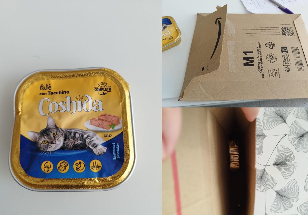 Imagen del paquete con comida de gato que le ha llegado a un vecino de Valencia tras comprar un teléfono móvil