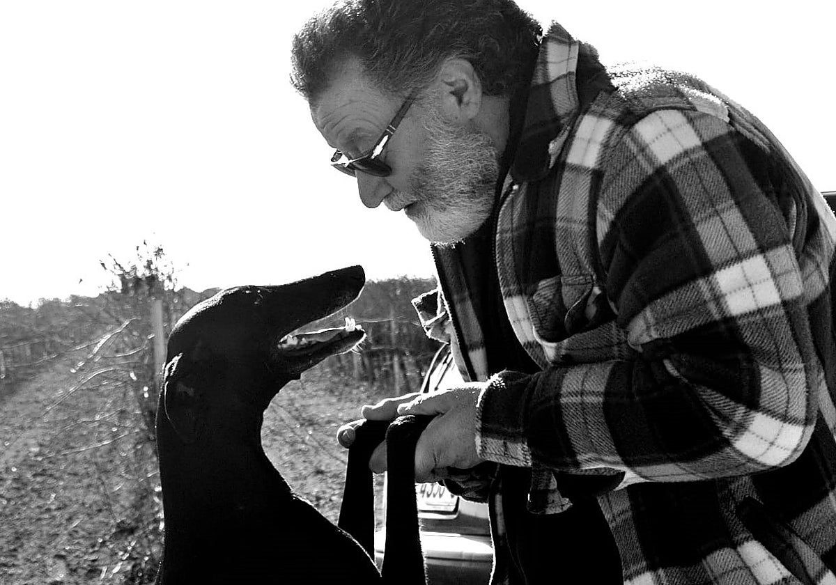 Dionisio Cañas con su galga Lara en la finca donde tiene su bombo en Alcázar; al fondo las viñas en espaldera que él critica: «parecen alambradas de un campo de concentración»
