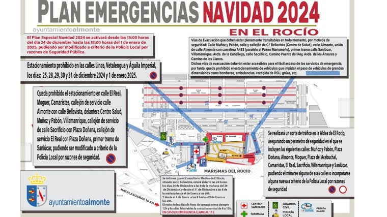 Mapa con las restricciones y recomendaciones del Plan Navidad en El Rocío distribuido por el Ayuntamiento de Almonte