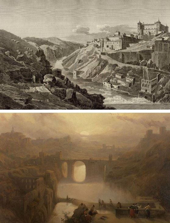 R. Ford eligió una panorámica desde el Castillo de San Servando similar al aguafuerte de A. Laborde que incluyó en 'Voyage pittoresque et historique de l'Espagne' (1820). Abajo, el puente de Alcántara, paraje reiterado en la obra de Ford (1831). El mismo encuadre lo replicó D. Roberts en un óleo (1841) con una artificial escena de tipos populares.o