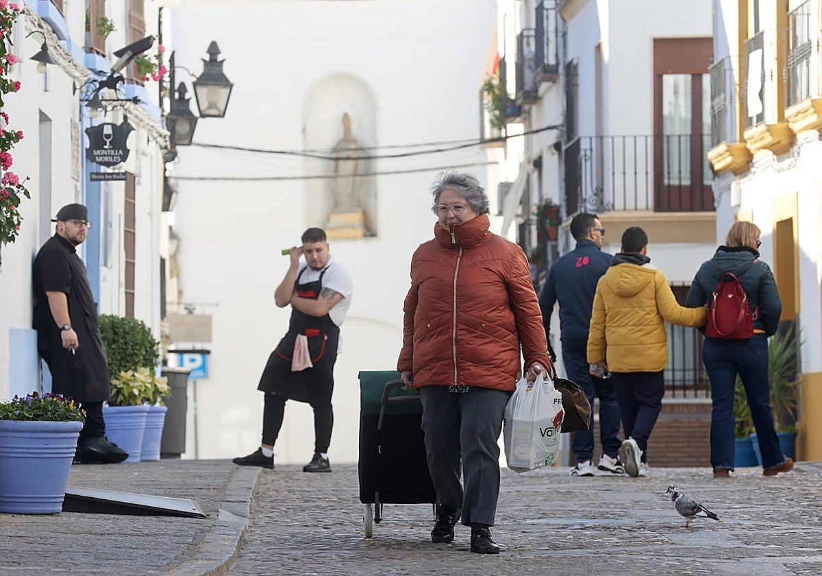 Una mujer avanza por San Basilio con el carrito de la compra