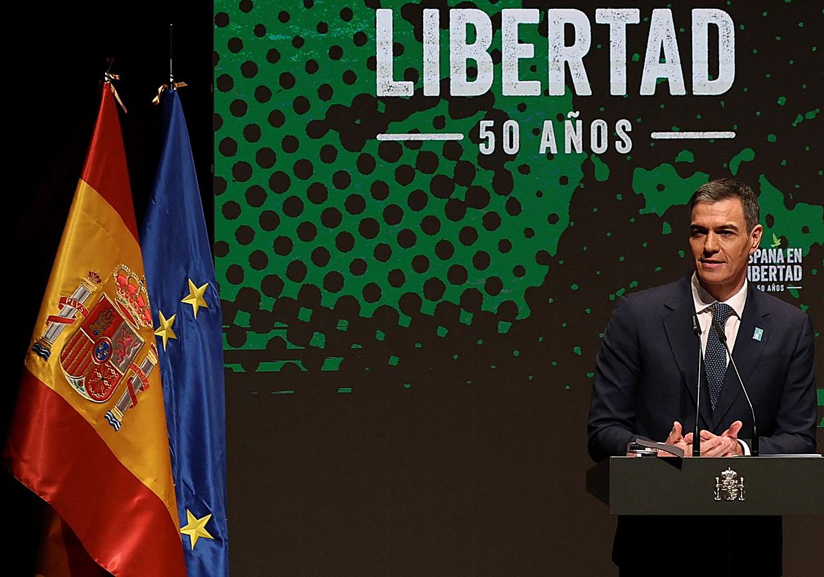 Pedro Sánchez, presidente del Gobierno, el miércoles durante la presentación de los actos de la efeméride de los 50 años de la muerte de Franco