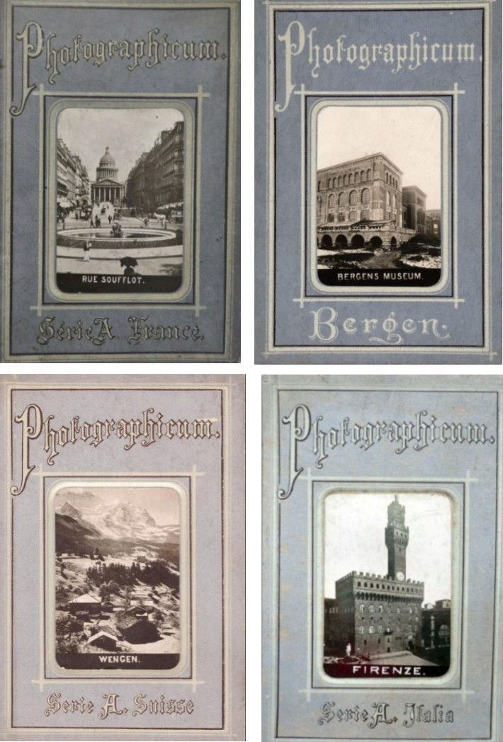 'Fotographicum'. Portadas de los álbumes fotográficos de Francia (serie A), Bergen (Noruega), Suiza (Wengen, serie A) e Italia (Florencia, serie A)
