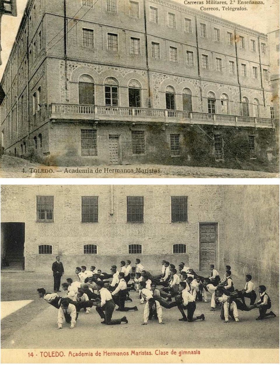Tarjetas de la 'Academia de Hermanos Maristas' hacia 1925. Exterior del gran edificio levantado en la calle de Alfonso XII y escena de una clase de Gimnasia. En el reverso se indica "Foto Luis Saus. Madrid". Archivo Municipal de Toledo