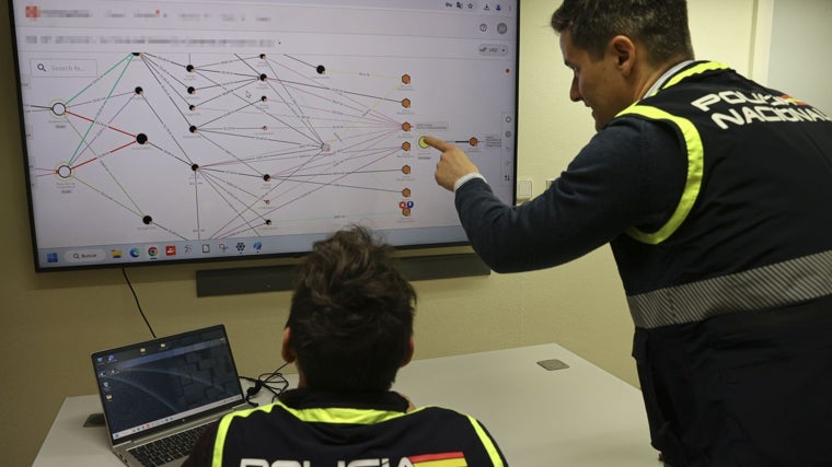 Dos integrantes del grupo de investigación estudian el rastro de una transacción de criptomonedas