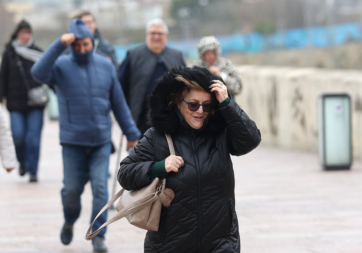 Una mujer se protege de viento en el Puente Romano