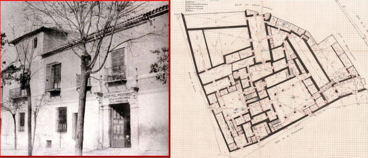 Fachada del Hospital de la Misericordia en la plaza de Padilla hacia los años veinte (col. particular). A la derecha, la distribución interior recogida en un plano del Instituto Geográfico y Estadístico en 1881